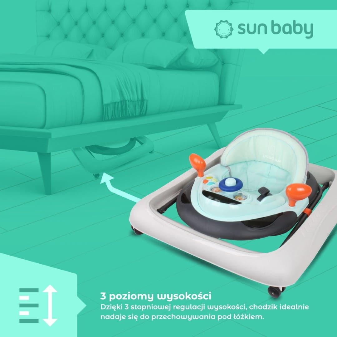 Chodzik dla dzieci interaktywny do nauki chodzenia regulacja wysokości kierownica stopery turkusowo szary