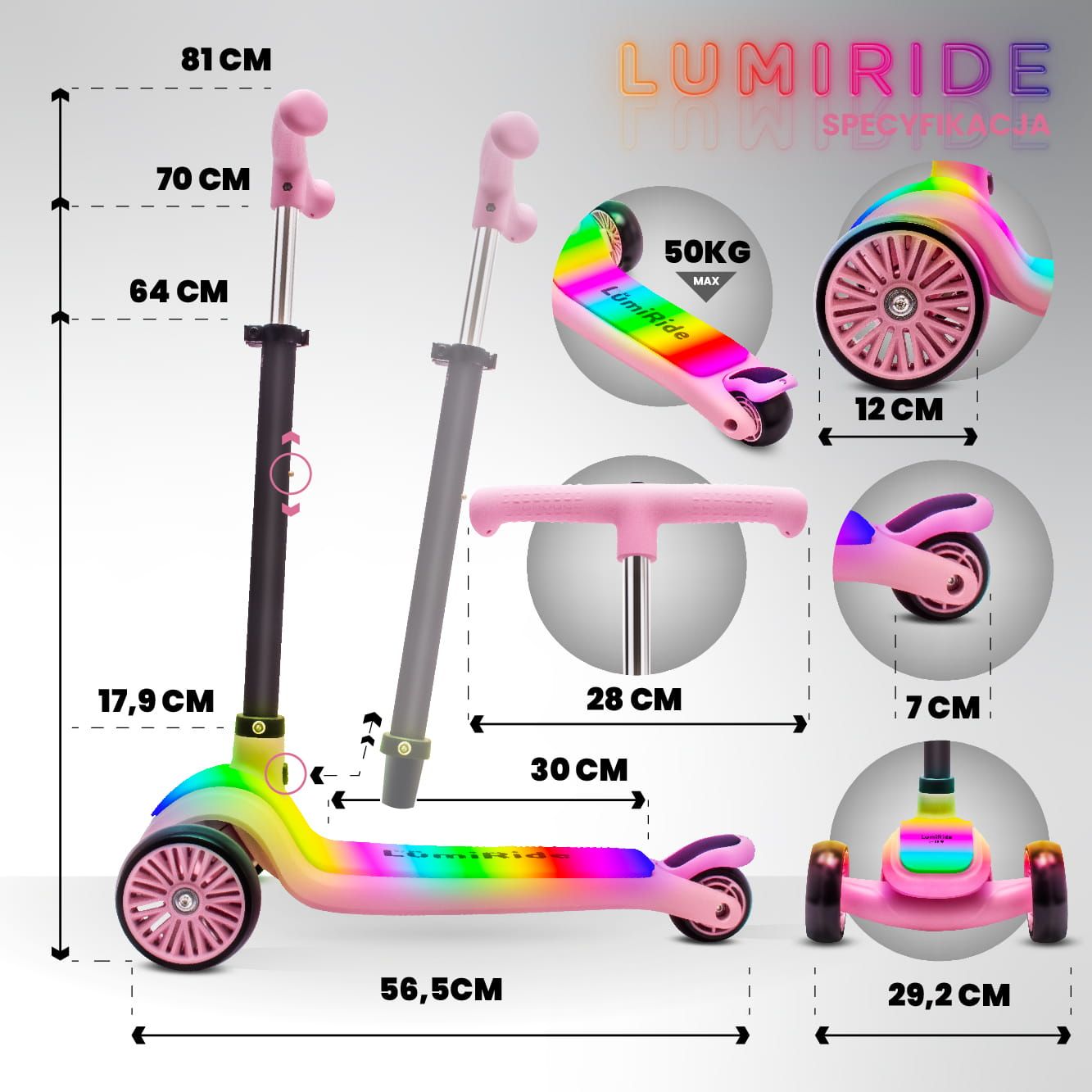 LUMI RIDE Hulajnoga trójkołowa balansowa składana regulowana Platforma LED 7 kolorów 20 programów różowy Sun Baby