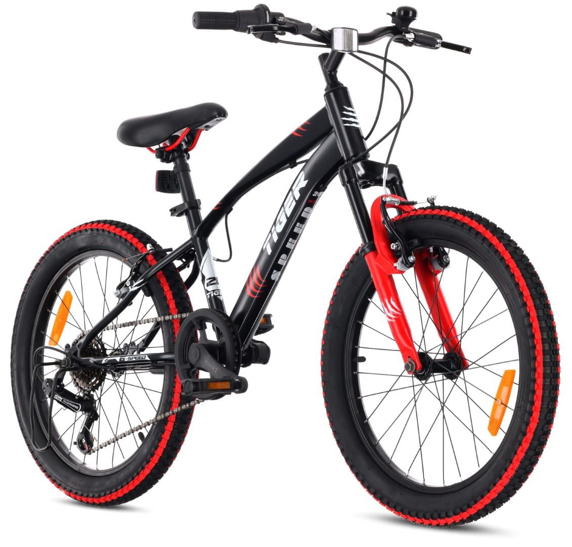 Rower dla chłopca 20 cali 6 biegów Shimano amortyzator szerokie opony Revoshift Tiger Bike czarny czerwony