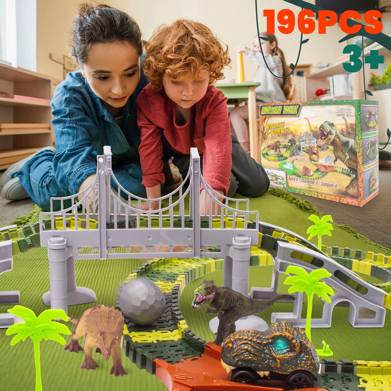 Tor wyścigowy samochodowy dla dzieci Duży Dinozaur 196 el Dinozaury Auto Sun Baby