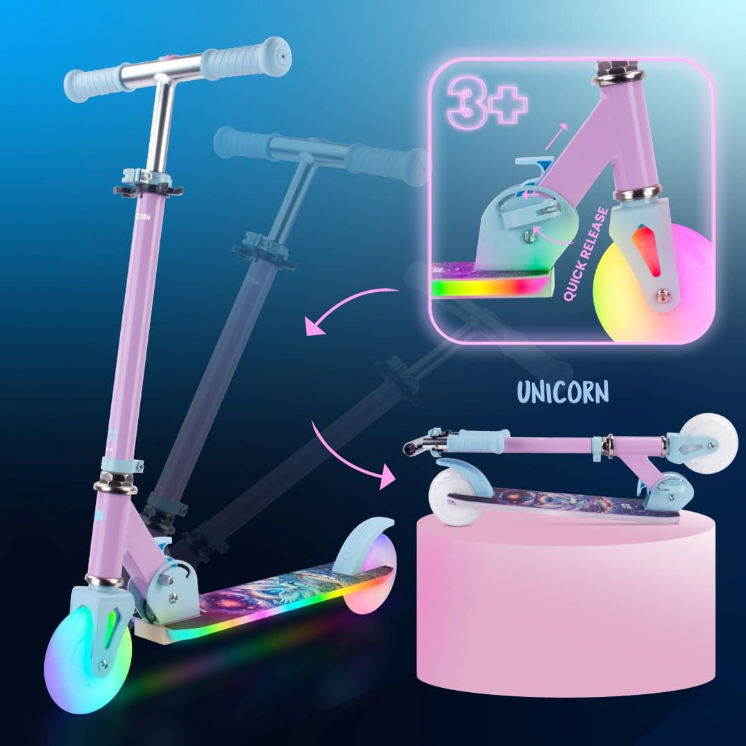 LUMI RIDE Hulajnoga dwukołowa dla dzieci składana regulowana LED 7 kolorów 20 programów Unicorn Sun Baby