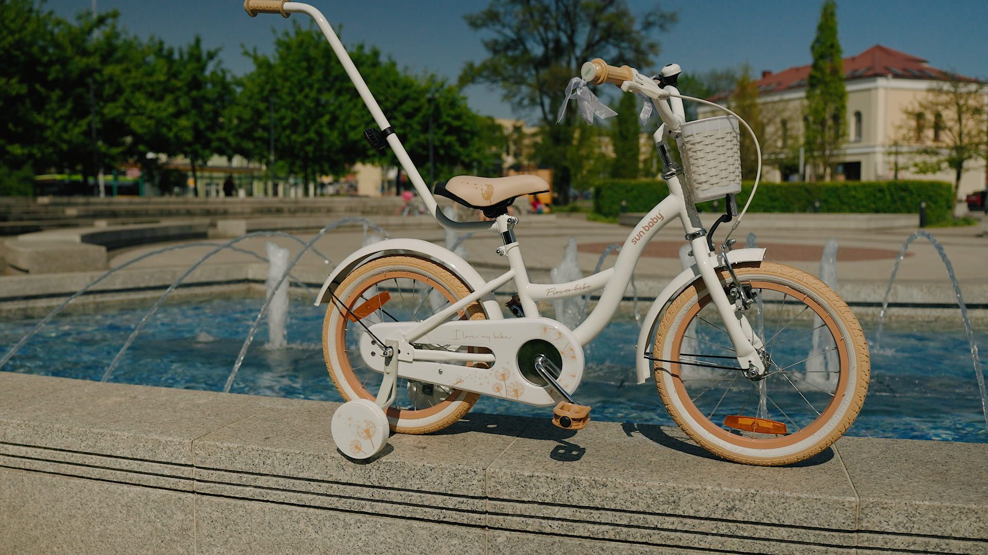 Rower dla dziewczynki 14 cali Pchacz Kółka boczne Koszyk Flower bike Dmuchawiec biało beżowy Sun Baby