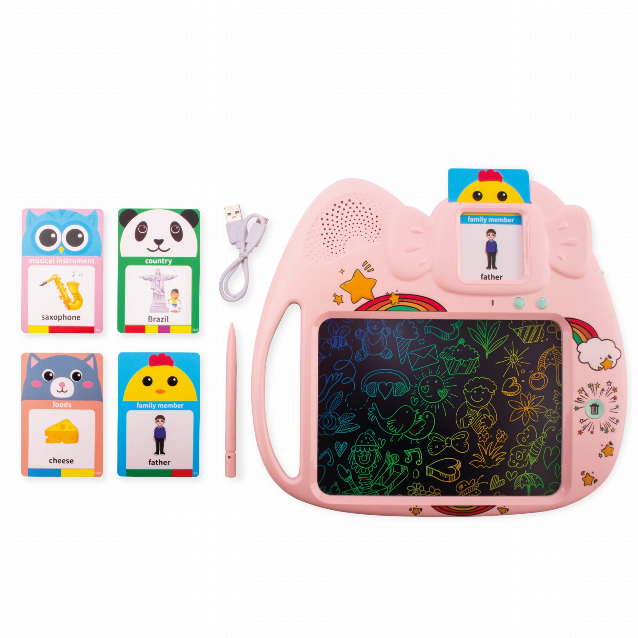 Tablet do rysowania znikopis Czytnik kart do nauki języka angielskiego 2w1 112 kart dwustronnych różowy Sun Baby