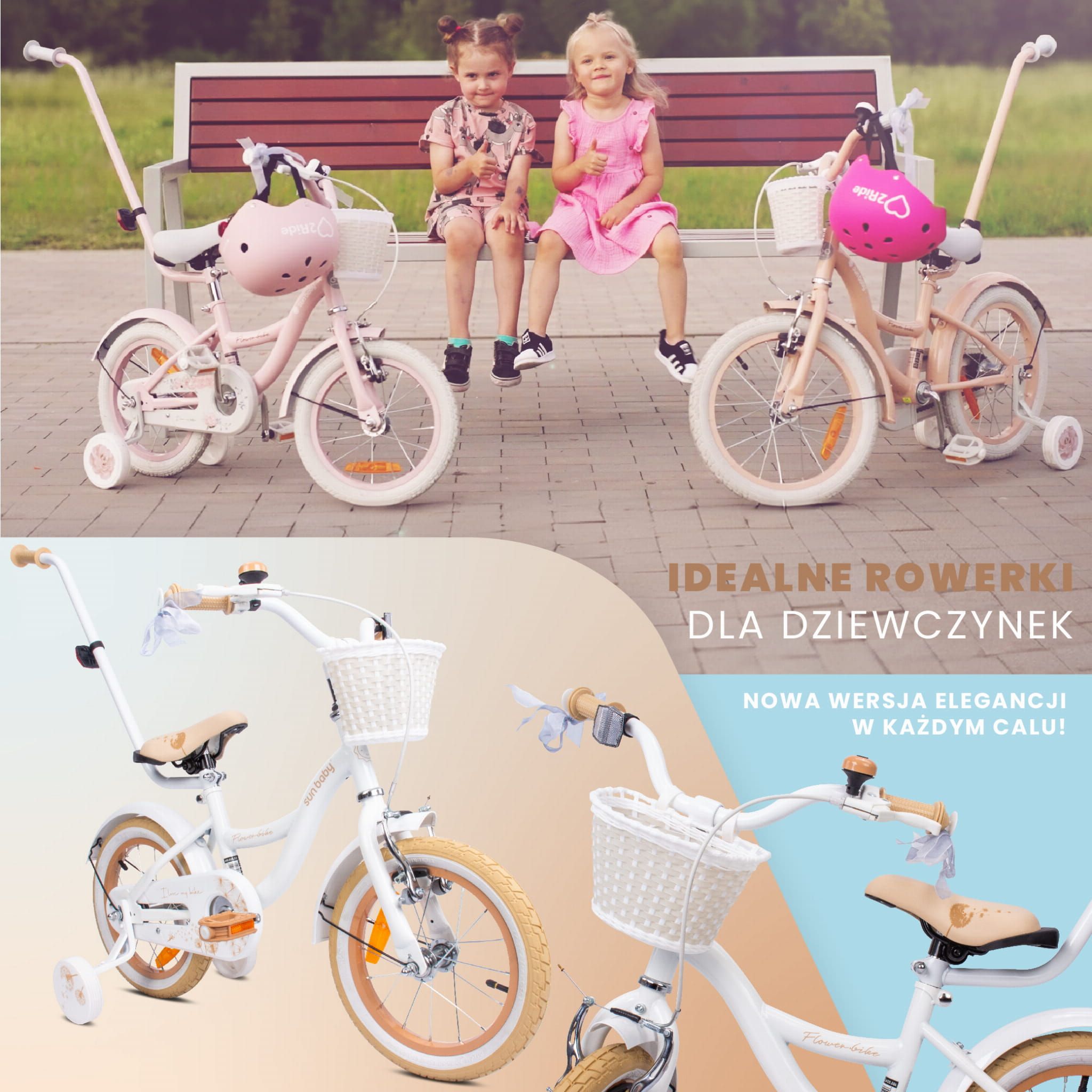 Rower dla dziewczynki 14 cali Pchacz Kółka boczne Koszyk Flower bike Dmuchawiec biało beżowy Sun Baby