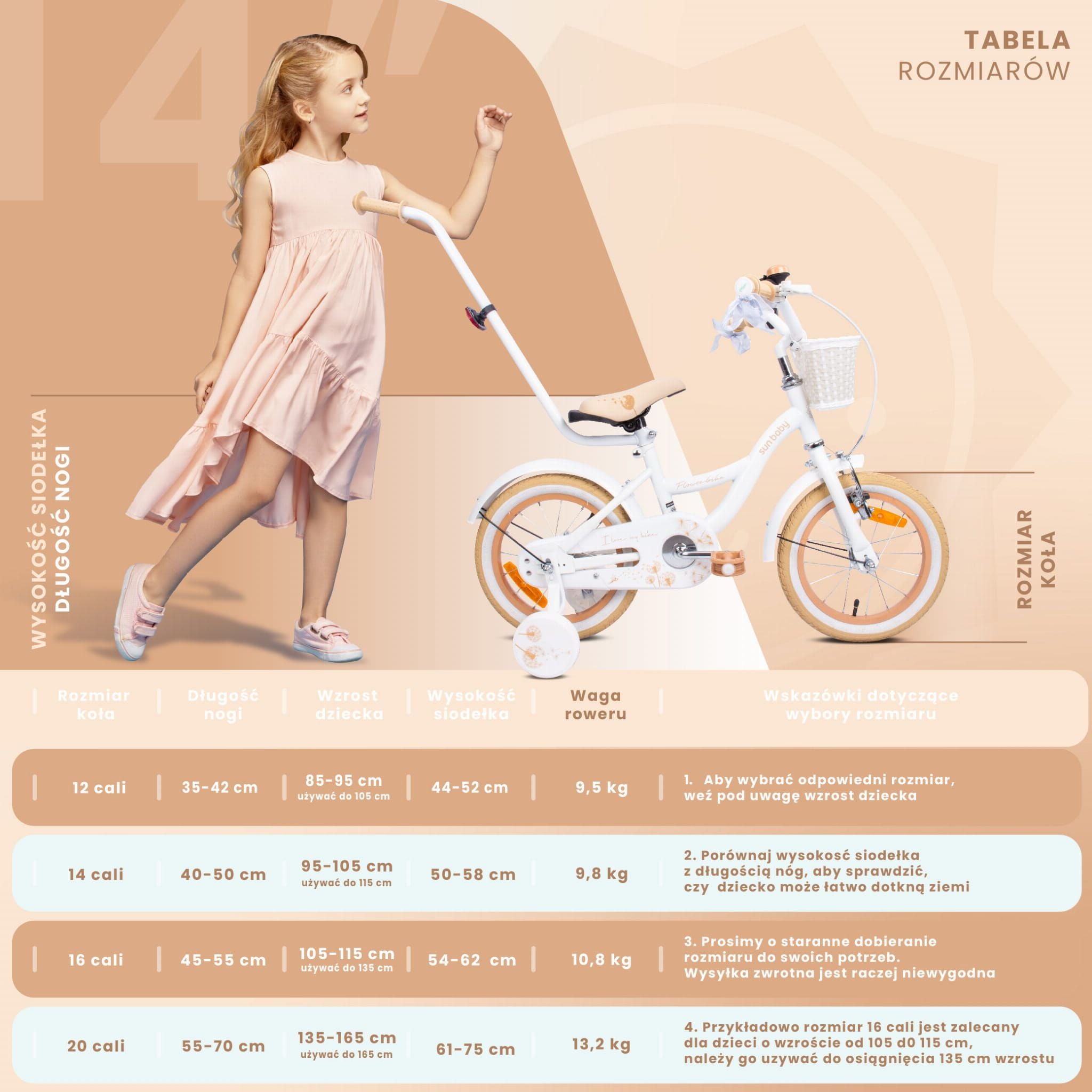 Rower dla dziewczynki 14 cali Pchacz Kółka boczne Koszyk Flower bike Dmuchawiec biało beżowy Sun Baby