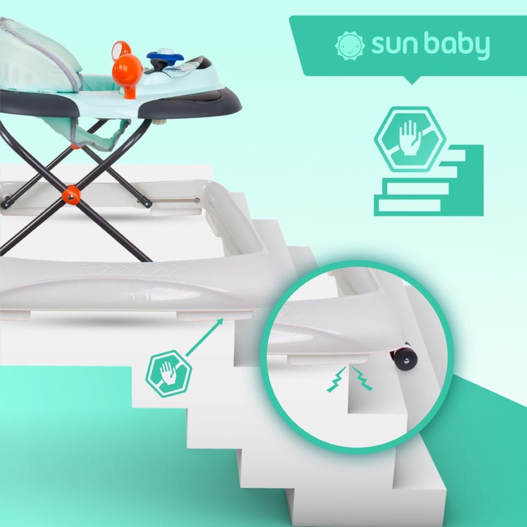 Chodzik dla dzieci interaktywny do nauki chodzenia regulacja wysokości kierownica stopery turkusowo szary