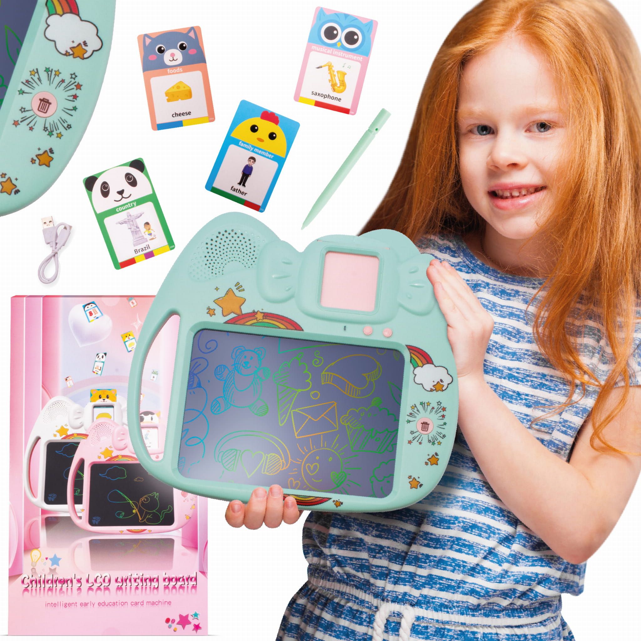 Tablet do rysowania znikopis Czytnik kart do nauki języka angielskiego 2w1 112 kart dwustronnych zielony Sun Baby