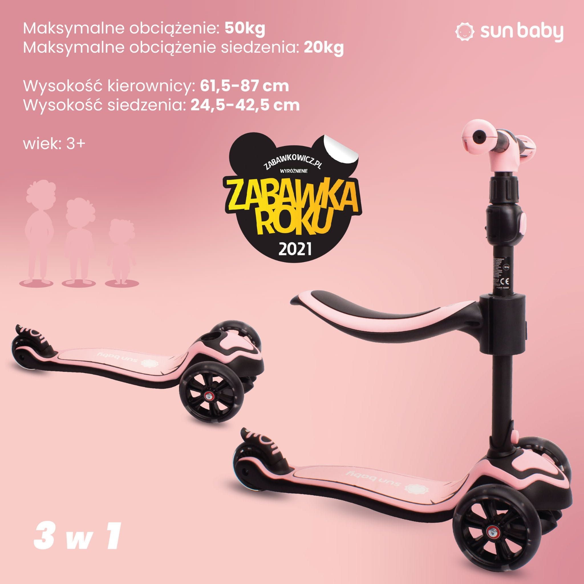 Hulajnoga dla dzieci trójkołowa balansowa Flash 3w1 LED dla dzieci - pudrowy róż