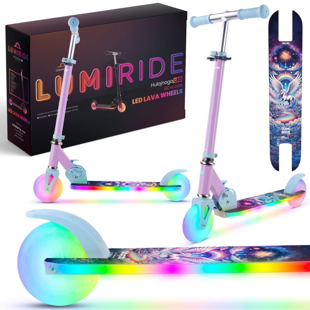 LUMI RIDE Hulajnoga dwukołowa dla dzieci składana regulowana LED 7 kolorów 20 programów Unicorn Sun Baby