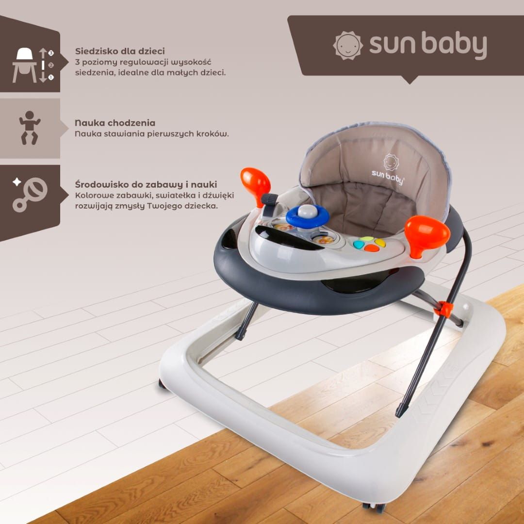 Chodzik dla dzieci interaktywny do nauki chodzenia regulacja wysokości kierownica stopery szary Sun Baby