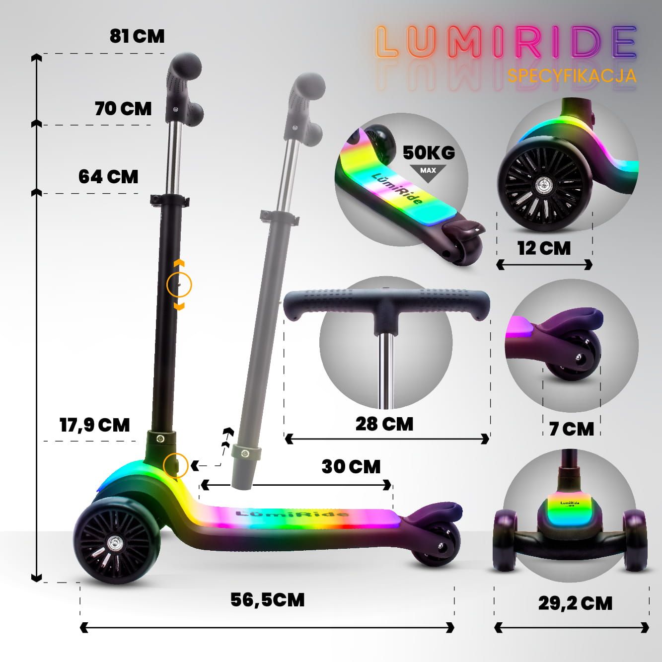 LUMI RIDE Hulajnoga trójkołowa balansowa składana regulowana Platforma LED 7 kolorów 20 programów czarny Sun Baby