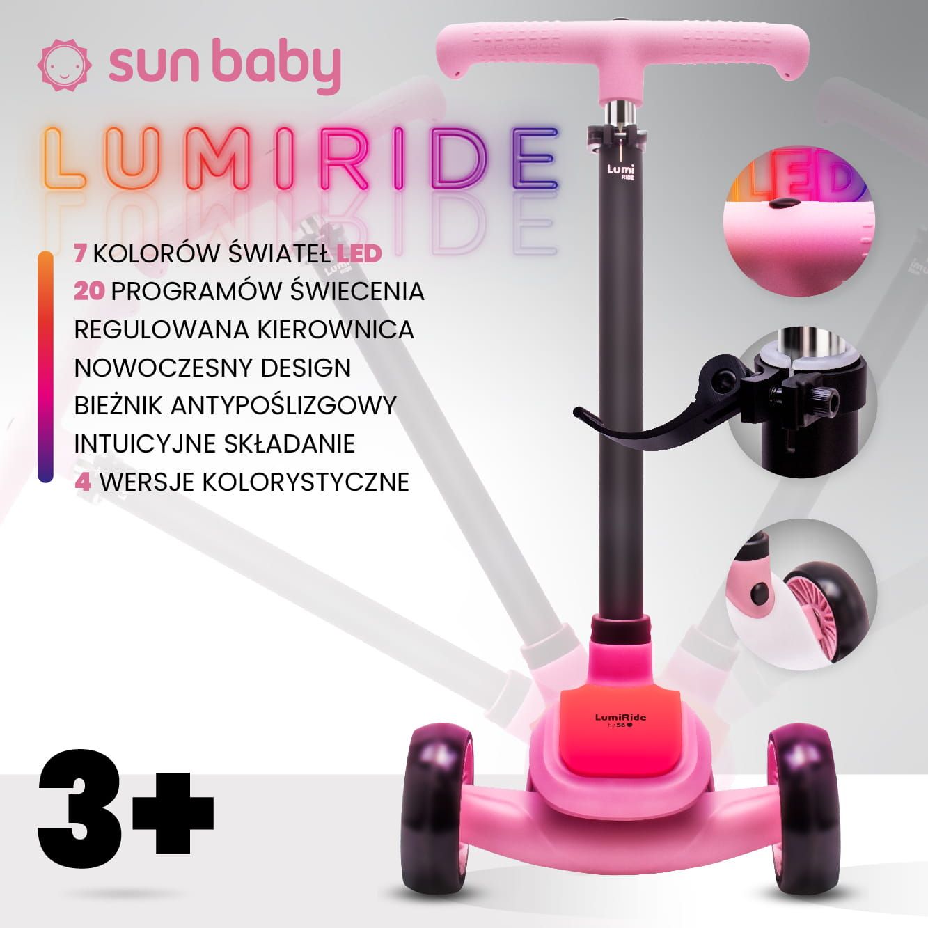 LUMI RIDE Hulajnoga trójkołowa balansowa składana regulowana Platforma LED 7 kolorów 20 programów różowy Sun Baby