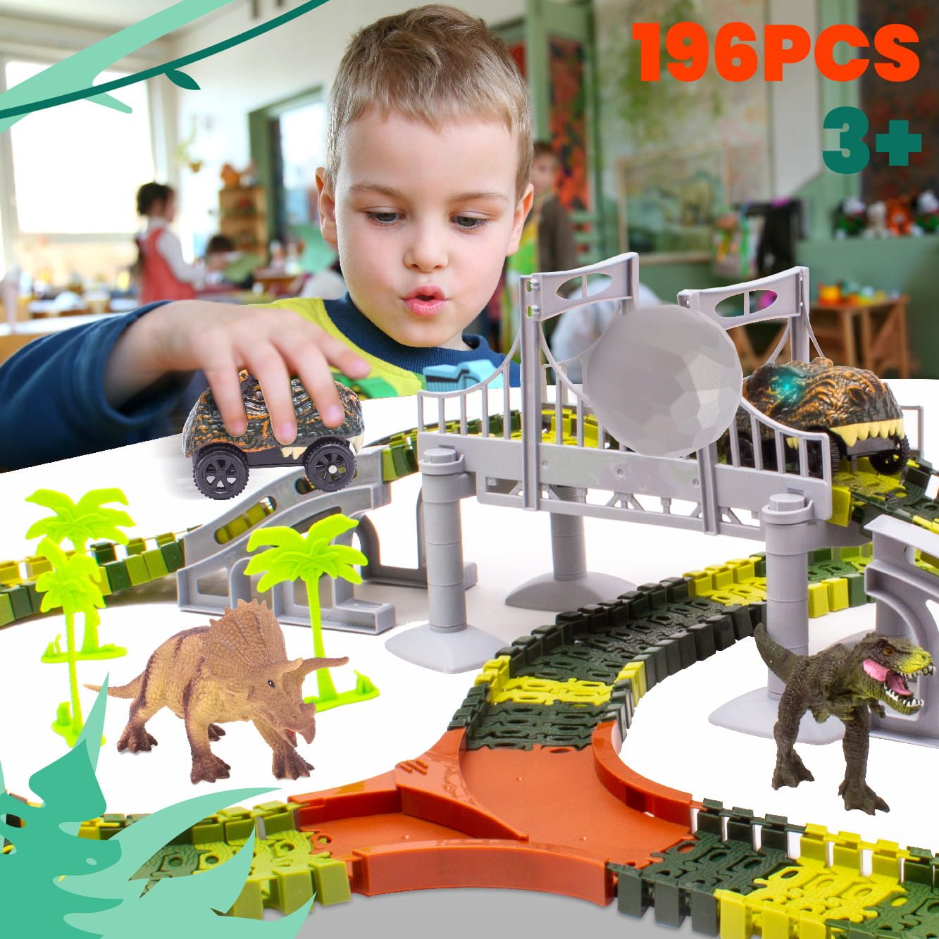 Tor wyścigowy samochodowy dla dzieci Duży Dinozaur 196 el Dinozaury Auto Sun Baby