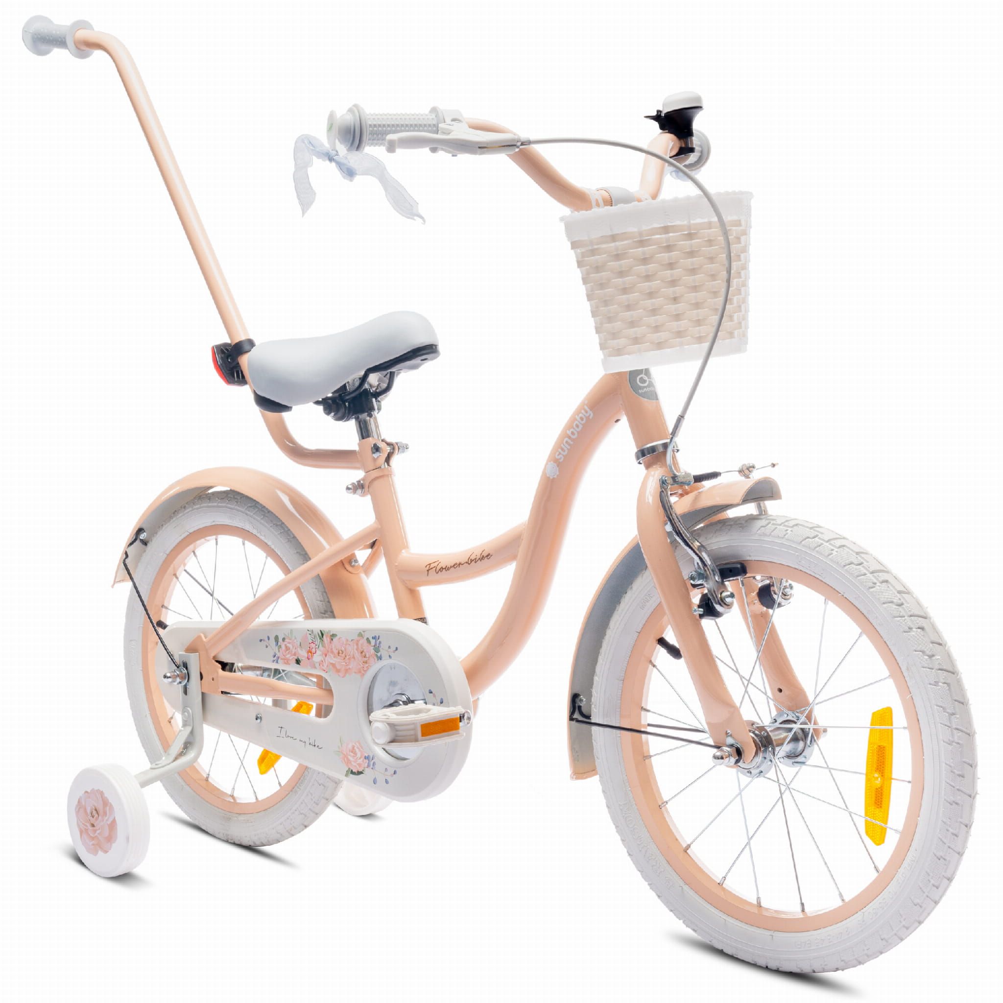 Rower dla dziewczynki 16 cali Pchacz kółka boczne Flower bike morelowy