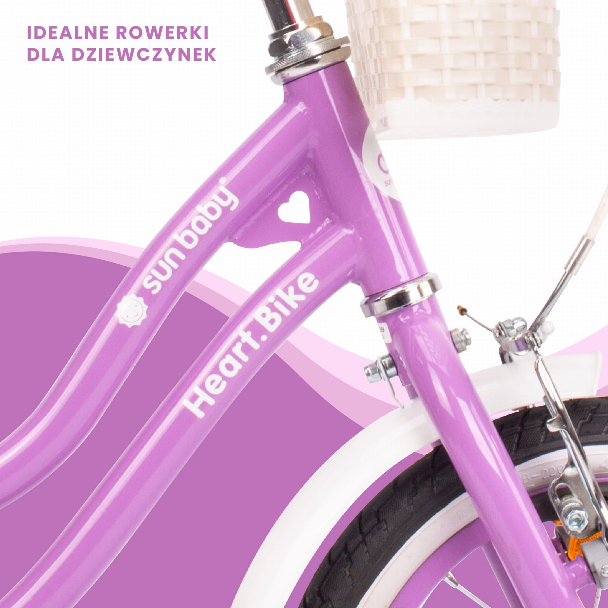 Rower dla dziewczynki 14 cali Pchacz kółka boczne Koszyk Heart Bike fioletowy