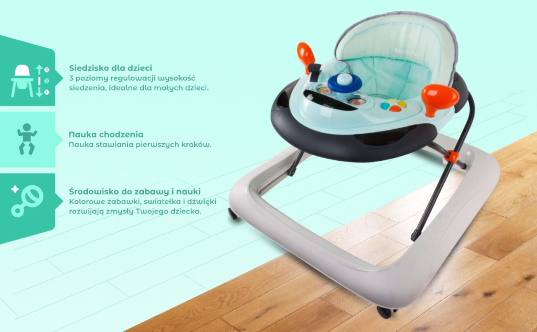 Chodzik dla dzieci interaktywny do nauki chodzenia regulacja wysokości kierownica stopery turkusowo szary