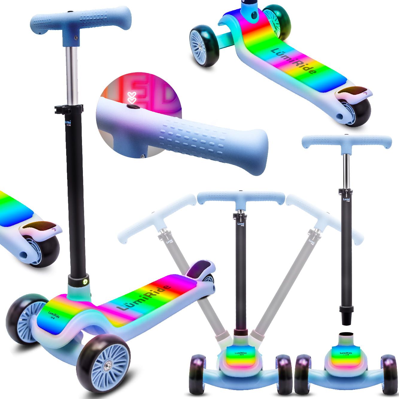 LUMI RIDE Hulajnoga trójkołowa balansowa składana regulowana Platforma LED 7 kolorów 20 programów niebieski Sun Baby