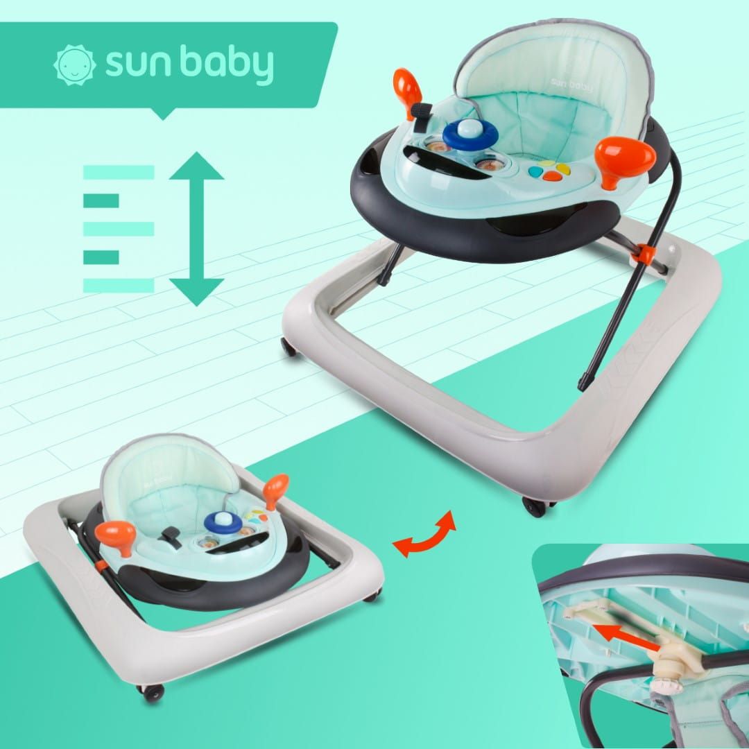 Chodzik dla dzieci interaktywny do nauki chodzenia regulacja wysokości kierownica stopery turkusowo szary