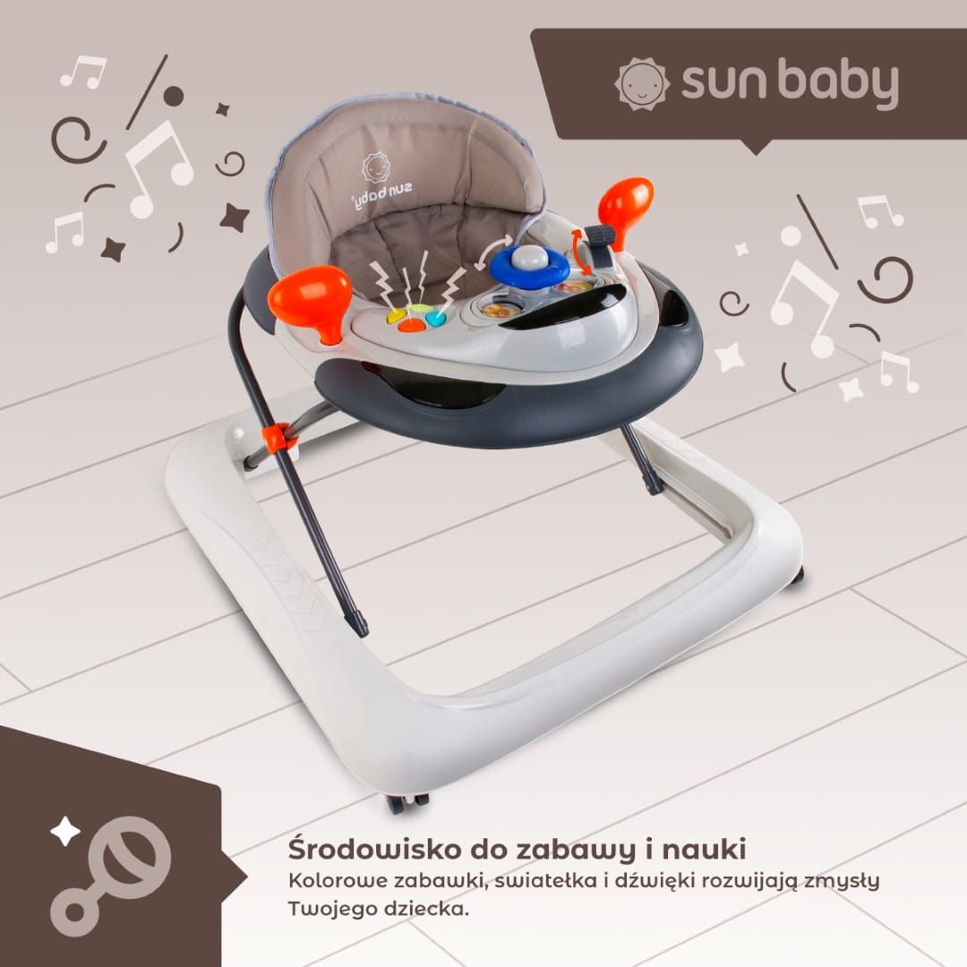 Chodzik dla dzieci interaktywny do nauki chodzenia regulacja wysokości kierownica stopery szary Sun Baby