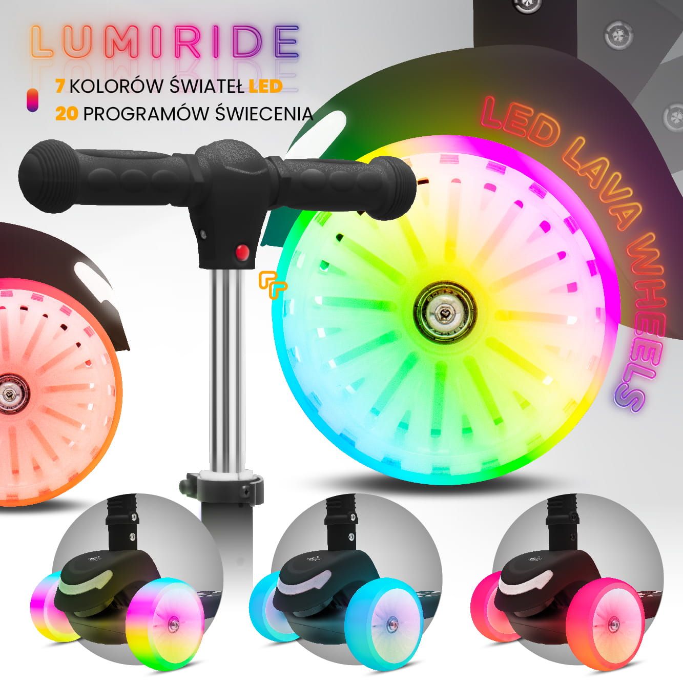 LUMI RIDE Hulajnoga trójkołowa balansowa składana regulowana Koła tęcza LED 7 kolorów 20 programów czarny Sun Baby