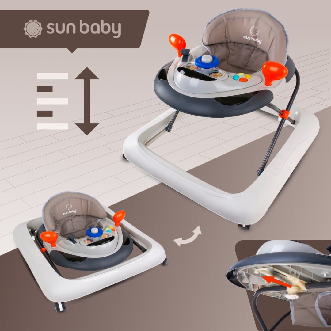 Chodzik dla dzieci interaktywny do nauki chodzenia regulacja wysokości kierownica stopery szary Sun Baby