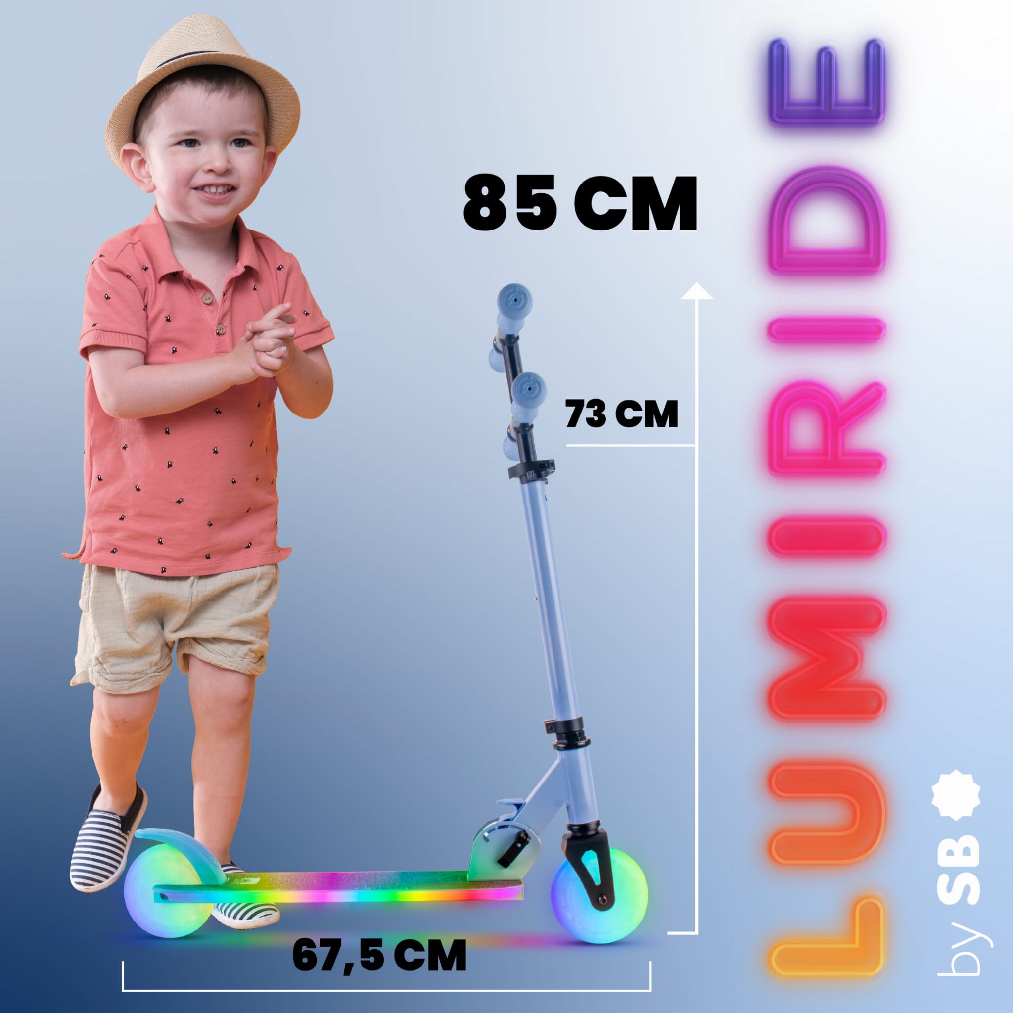 LUMI RIDE Hulajnoga dwukołowa dla dzieci składana regulowana LED 7 kolorów 20 programów niebieski Sun Baby