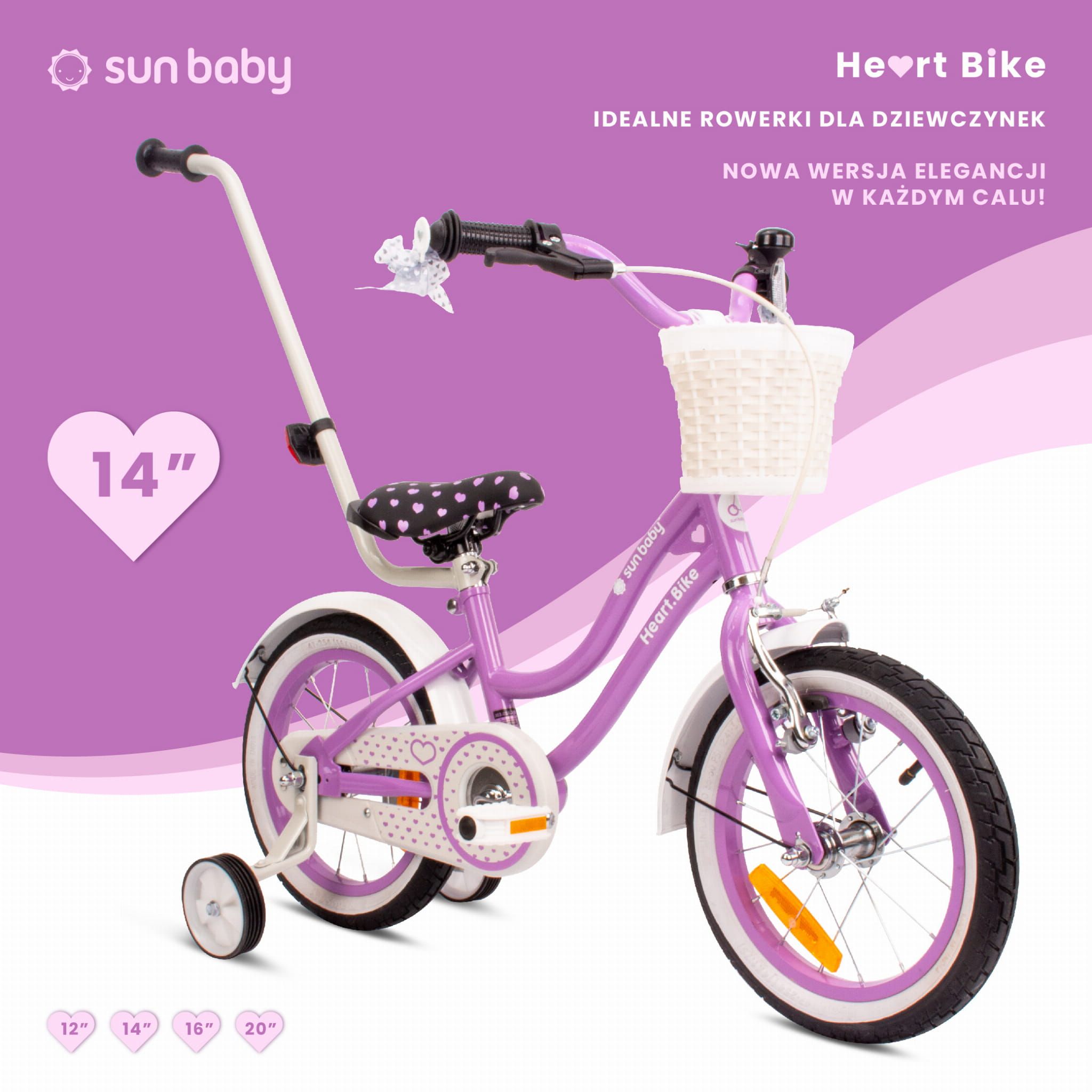 Rower dla dziewczynki 14 cali Pchacz kółka boczne Koszyk Heart Bike fioletowy