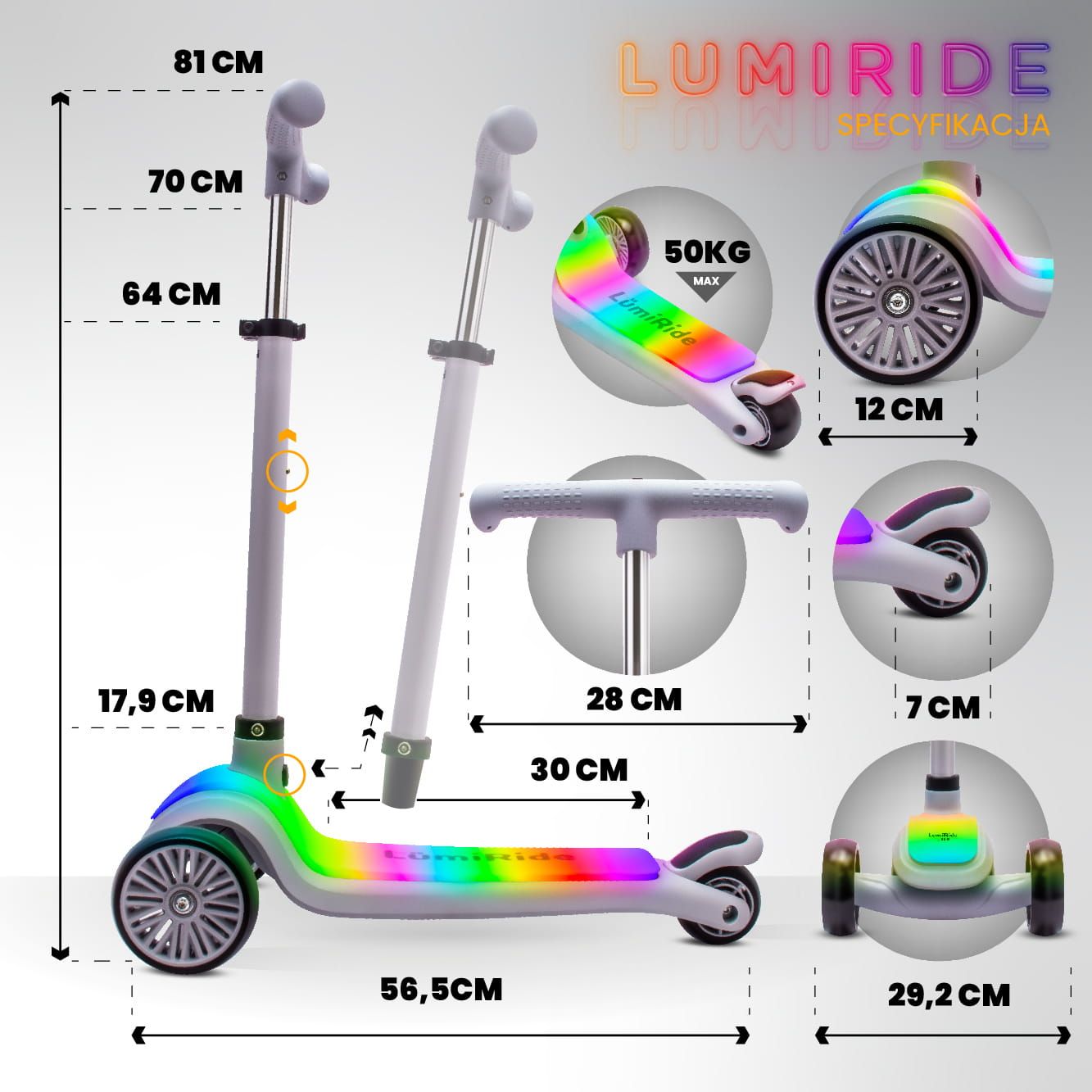 LUMI RIDE Hulajnoga trójkołowa balansowa składana regulowana Platforma LED 7 kolorów 20 programów szary Sun Baby