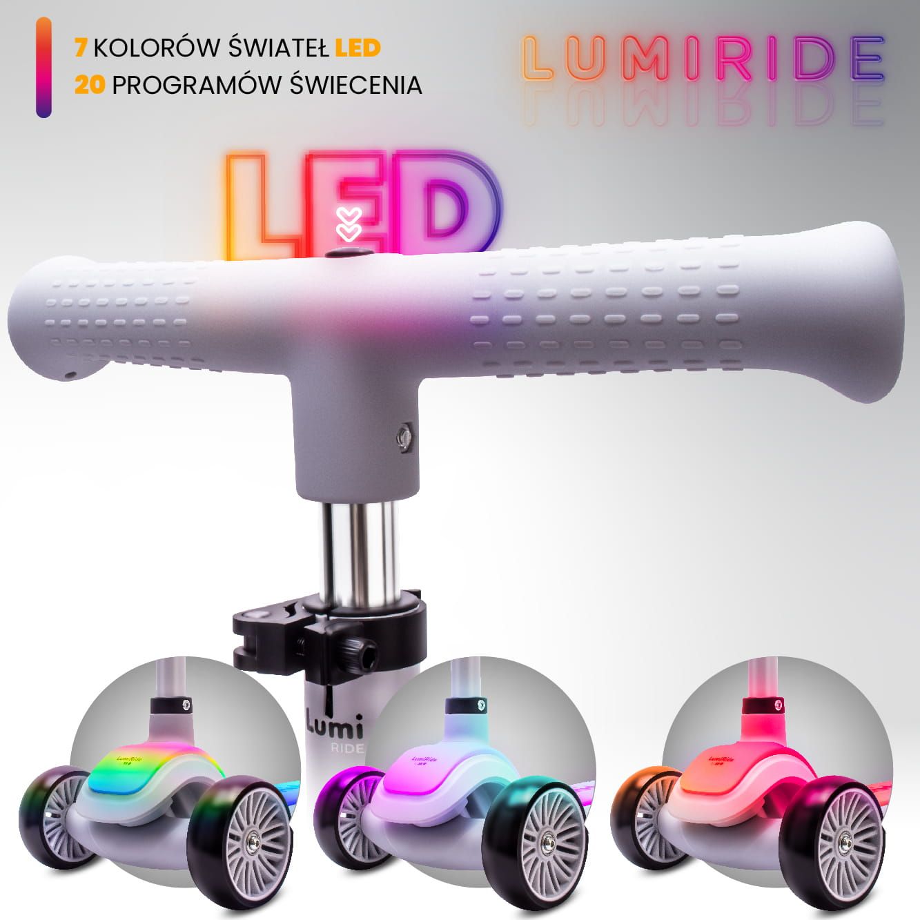 LUMI RIDE Hulajnoga trójkołowa balansowa składana regulowana Platforma LED 7 kolorów 20 programów szary Sun Baby