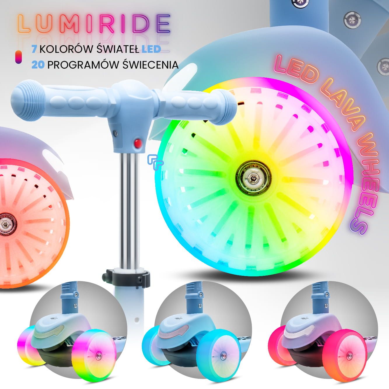 Hulajnoga trójkołowa balansowa składana regulowana Koła tęcza Lumi Ride LED 7 kolorów 20 programów niebieski Sun Baby