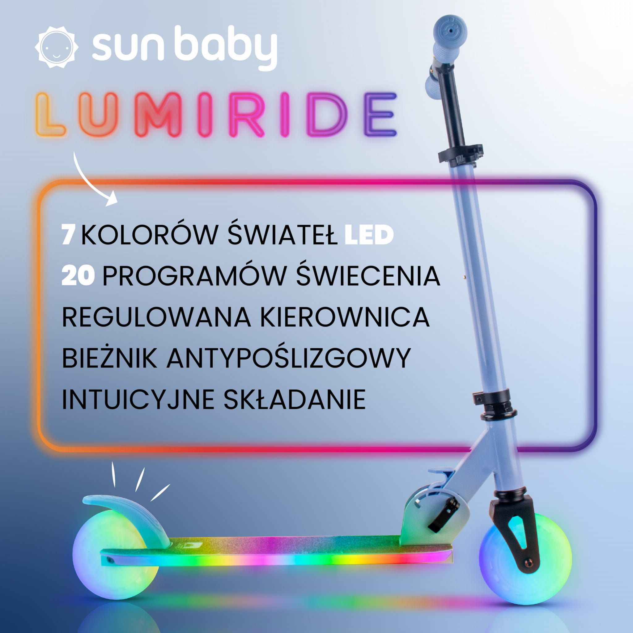 LUMI RIDE Hulajnoga dwukołowa dla dzieci składana regulowana LED 7 kolorów 20 programów niebieski Sun Baby