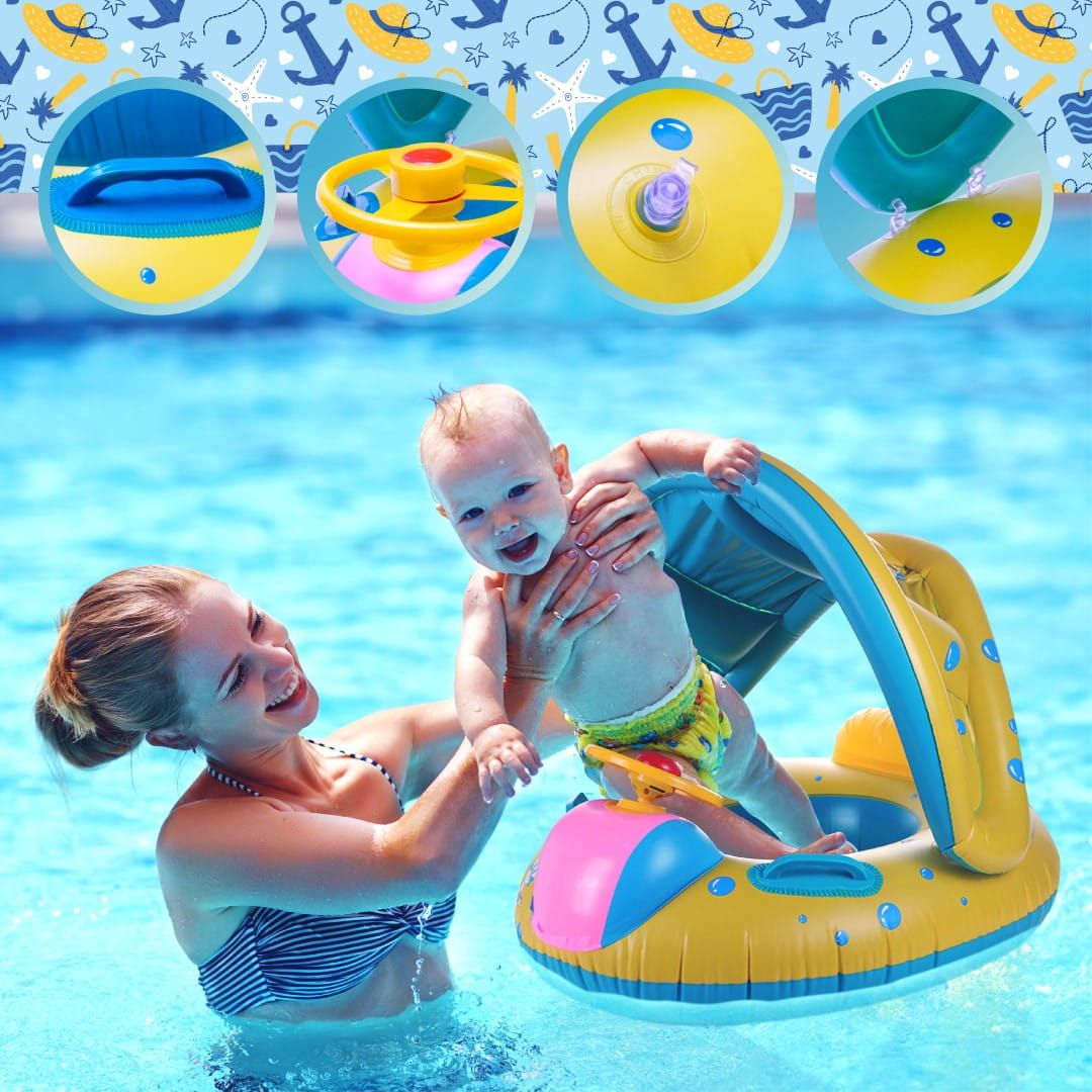 Koło do pływania Materac dmuchany Pontonik dla dzieci z daszkiem z kierownicą