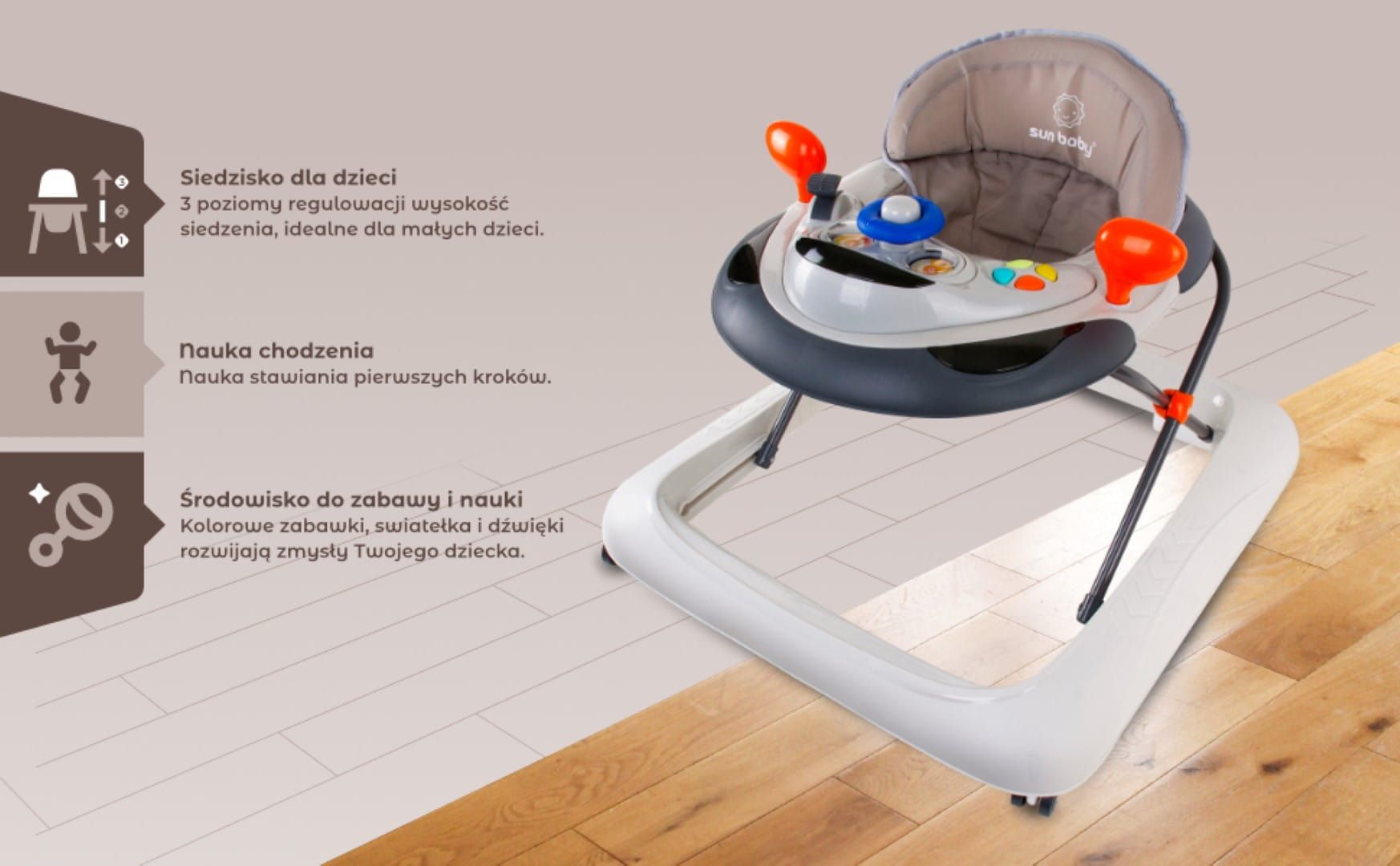Chodzik dla dzieci interaktywny do nauki chodzenia regulacja wysokości kierownica stopery szary Sun Baby