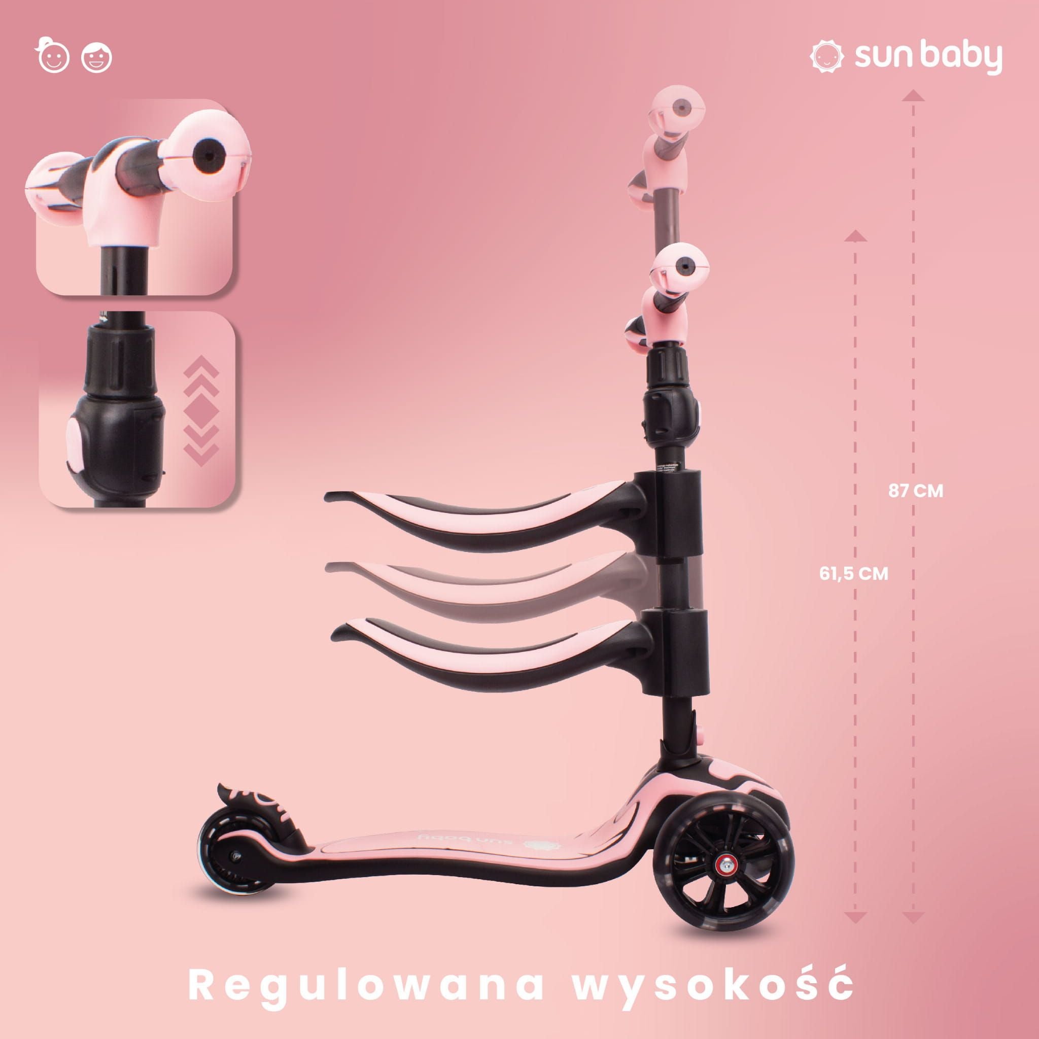 Hulajnoga dla dzieci trójkołowa balansowa Flash 3w1 LED dla dzieci - pudrowy róż