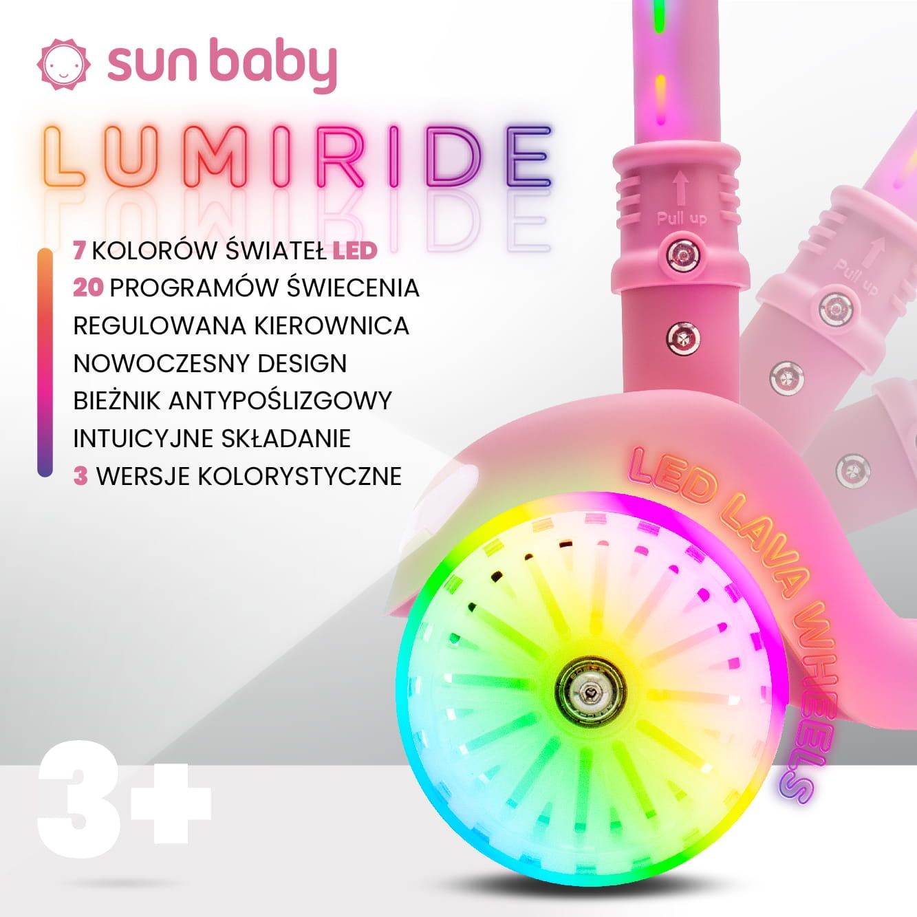 Hulajnoga trójkołowa balansowa składana regulowana Koła tęcza Lumi Ride LED 7 kolorów 20 programów różowy Sun Baby