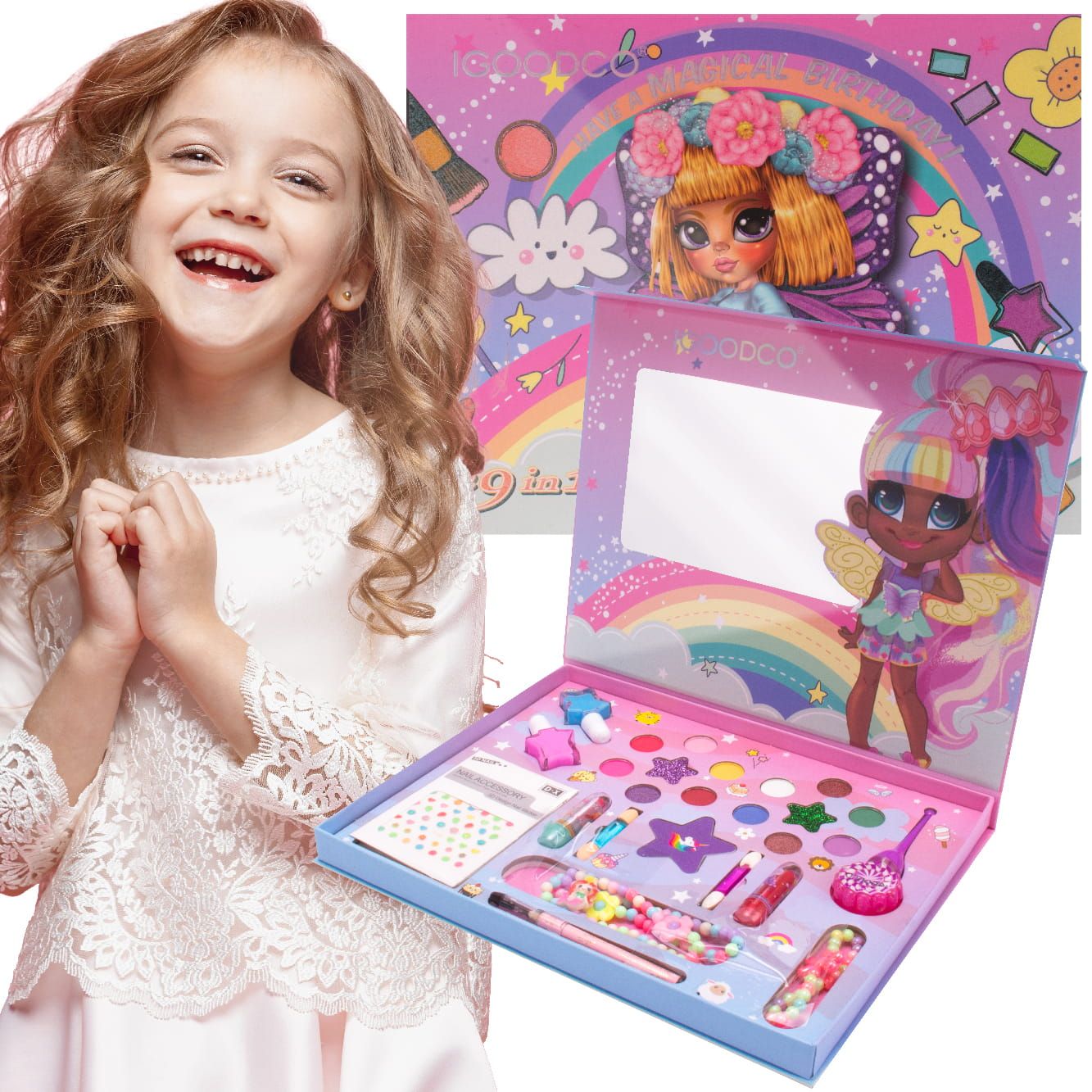 Zestaw do makijażu biżuteria Paletka cieni do makijażu Szminka Naklejki na paznokcie Biżuteria Make Up Lusterko Sun Baby