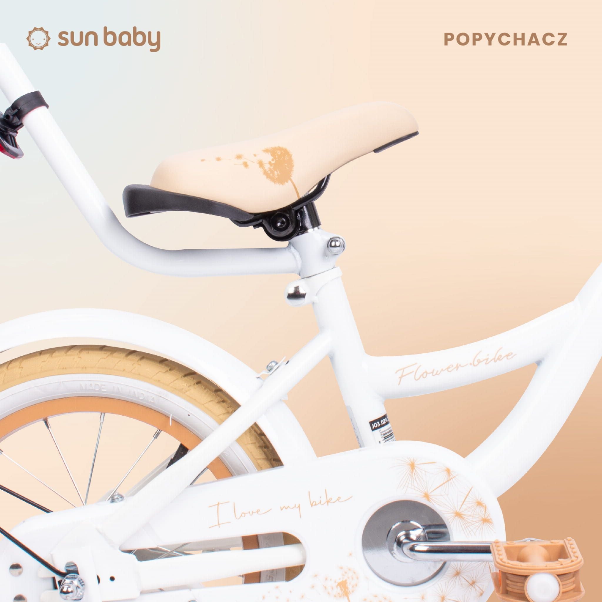 Rower dla dziewczynki 14 cali Pchacz Kółka boczne Koszyk Flower bike Dmuchawiec biało beżowy Sun Baby