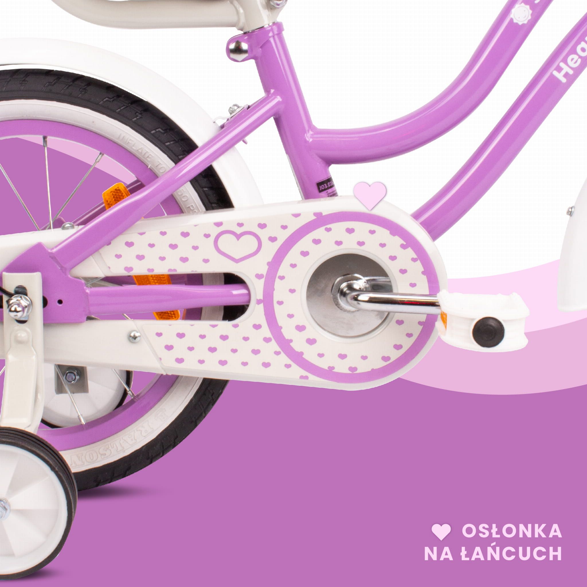 Rower dla dziewczynki 14 cali Pchacz kółka boczne Koszyk Heart Bike fioletowy