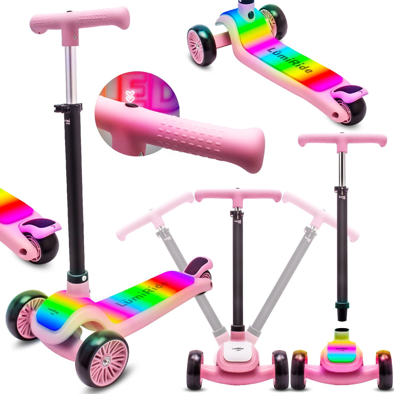 LUMI RIDE Hulajnoga trójkołowa balansowa składana regulowana Platforma LED 7 kolorów 20 programów różowy Sun Baby