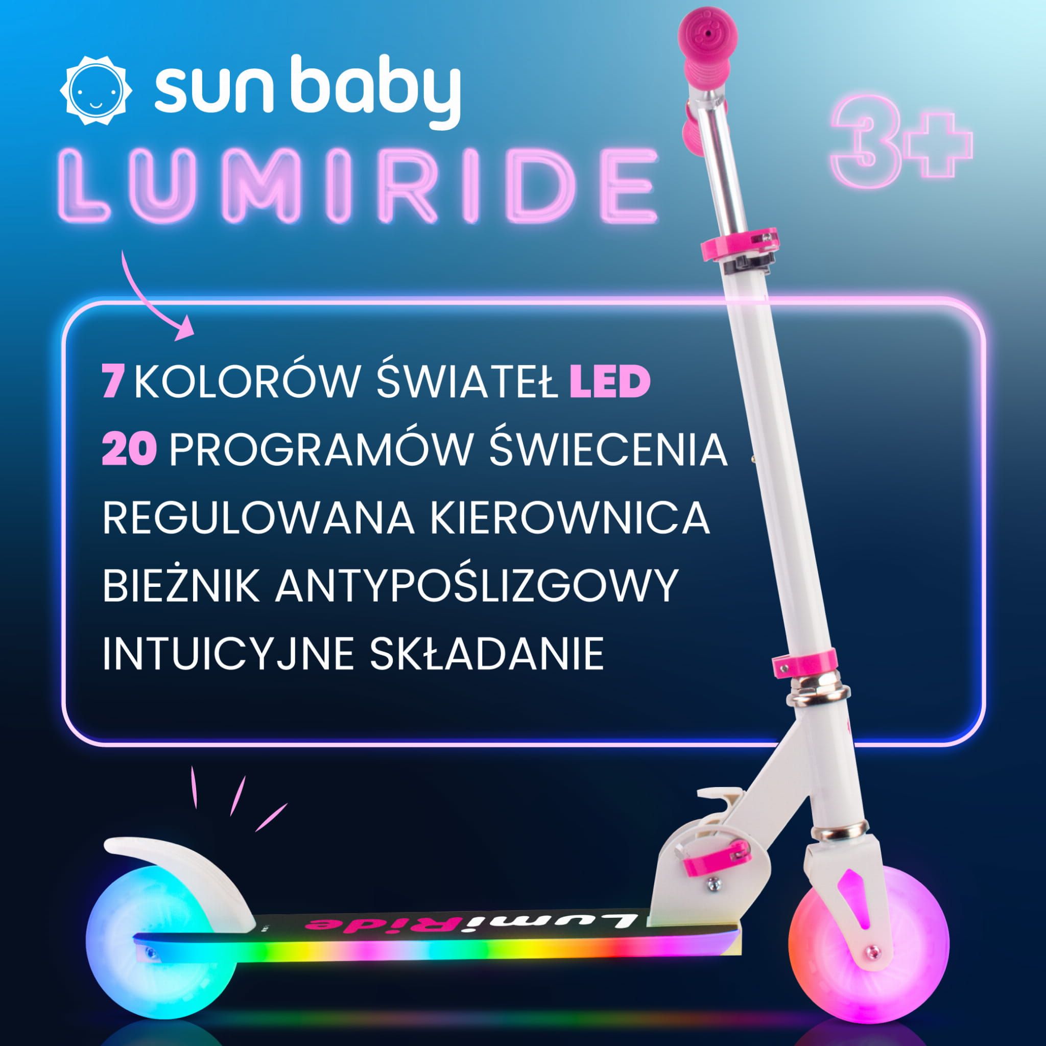 LUMI RIDE Hulajnoga dwukołowa dla dzieci składana regulowana LED 7 kolorów 20 programów biały Sun Baby