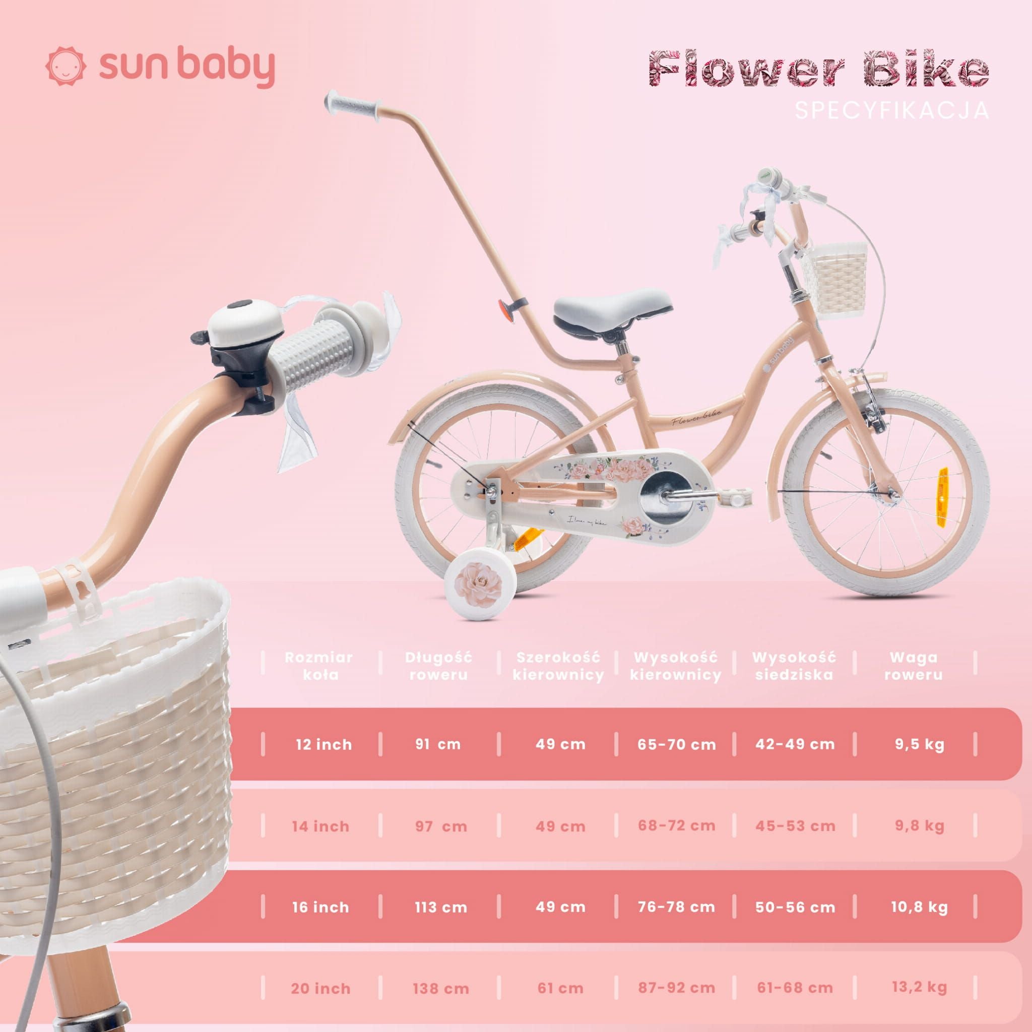 Rower dla dziewczynki 16 cali Pchacz kółka boczne Flower bike morelowy
