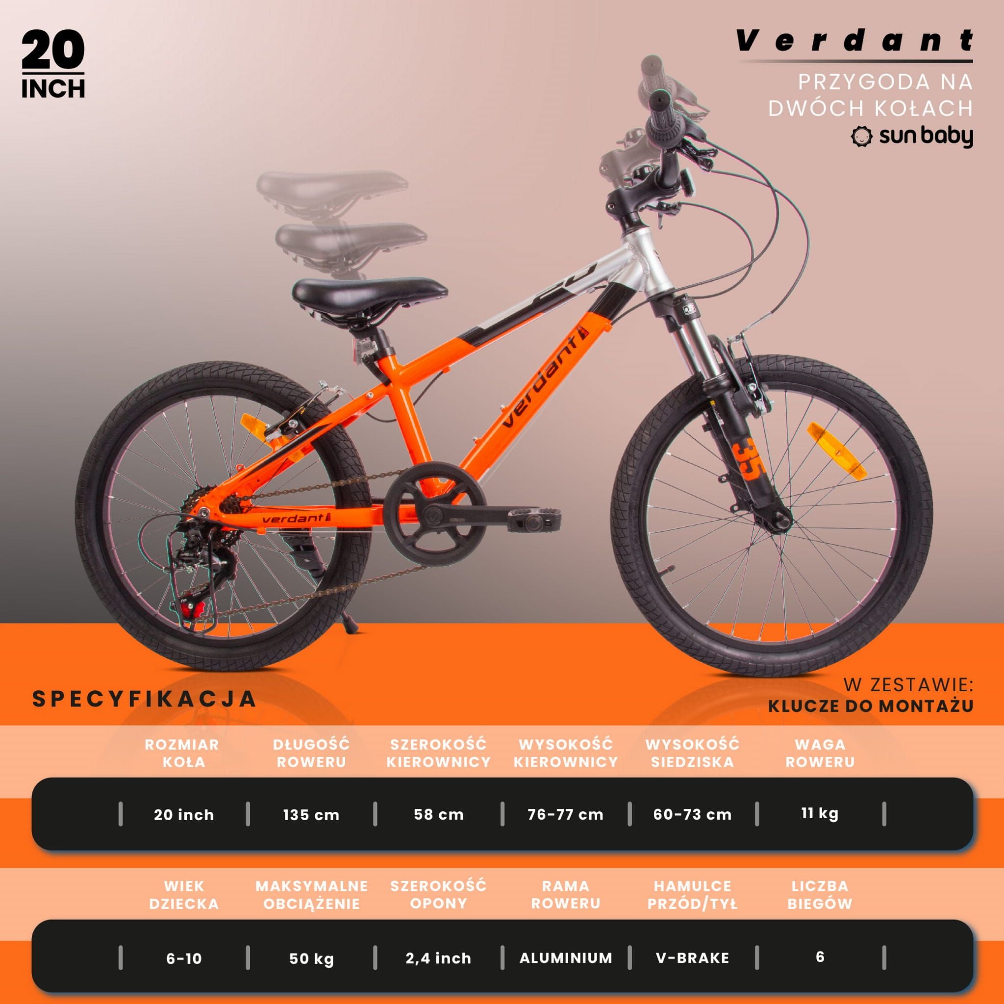 Rower 20 cali  dla chłopca ALU, lekki MTB Shimano 6 biegów Verdant Brier