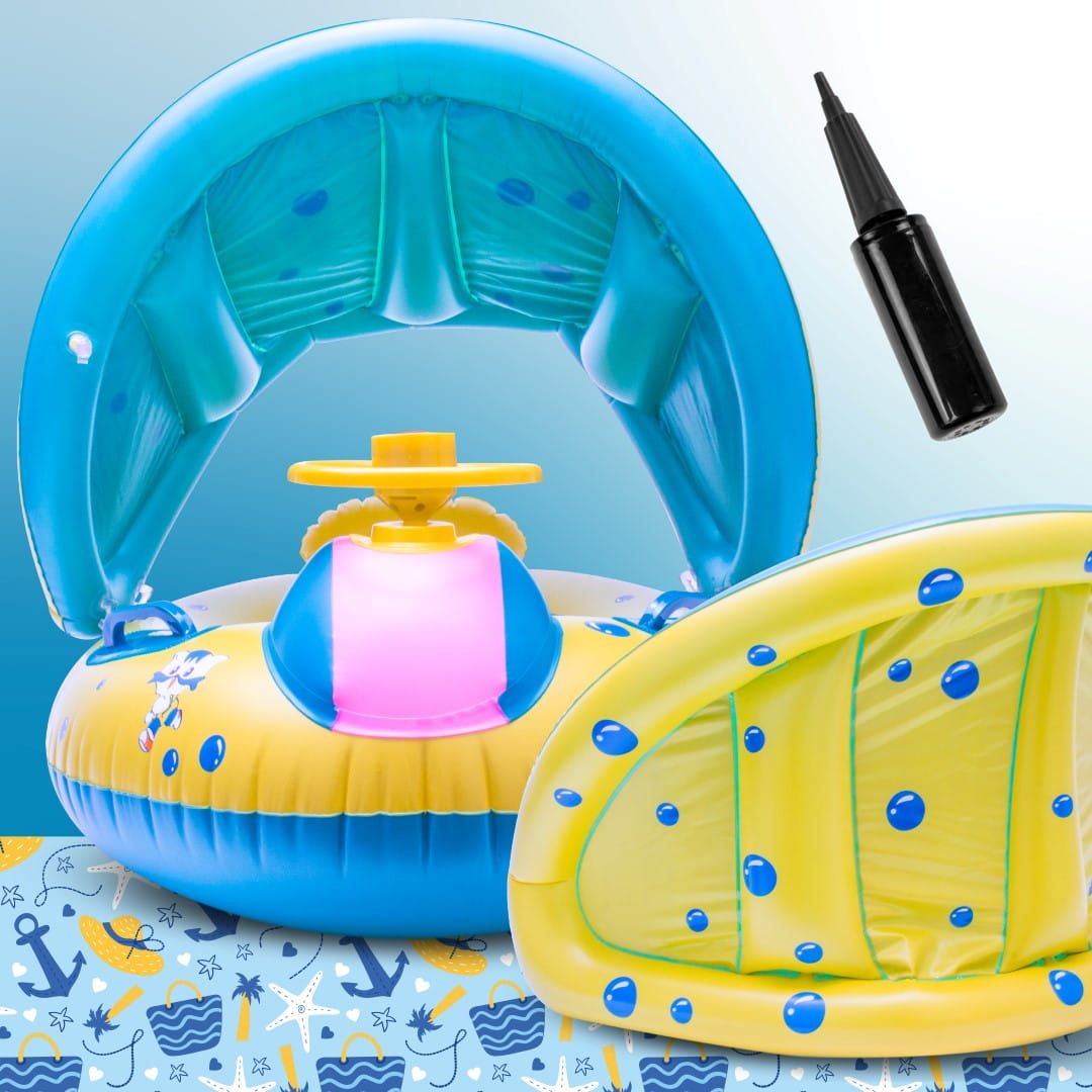 Koło do pływania Materac dmuchany Pontonik dla dzieci z daszkiem z kierownicą Pompka ręczna Sun Baby