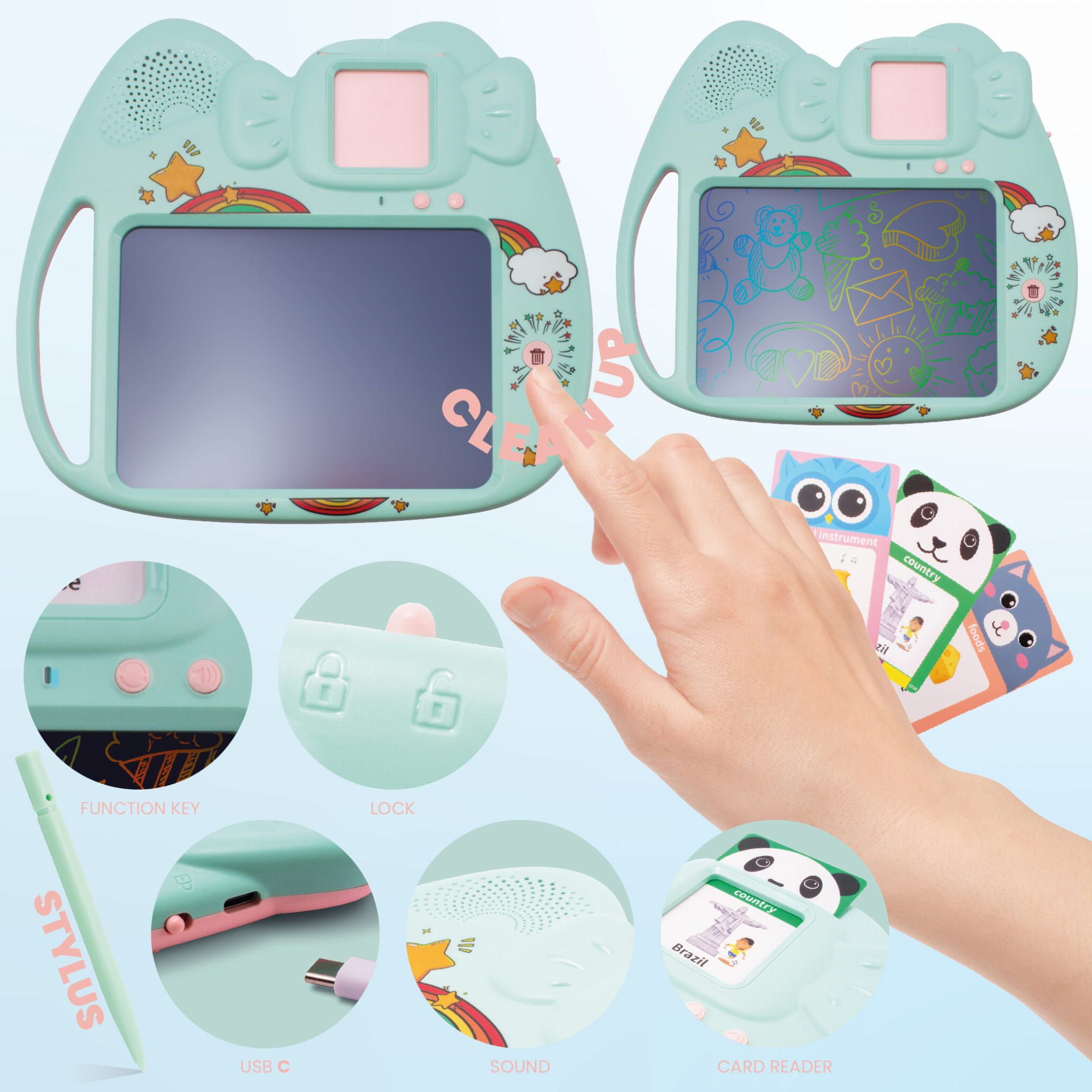 Tablet do rysowania znikopis Czytnik kart do nauki języka angielskiego 2w1 112 kart dwustronnych zielony Sun Baby