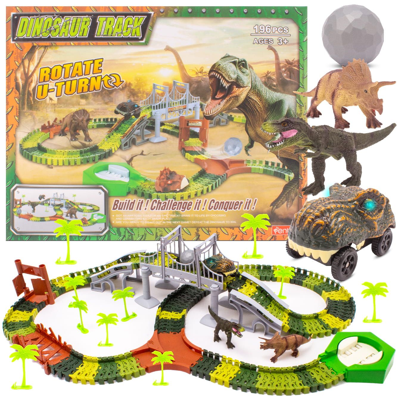 Tor wyścigowy samochodowy dla dzieci Duży Dinozaur 196 el Dinozaury Auto Sun Baby