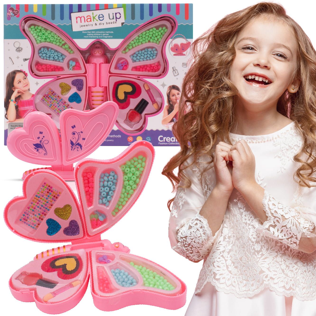 Zestaw do robienia bransoletek biżuterii makijażu koraliki Makeup naklejki lakier Diy Motyl 2w1 Sun Baby