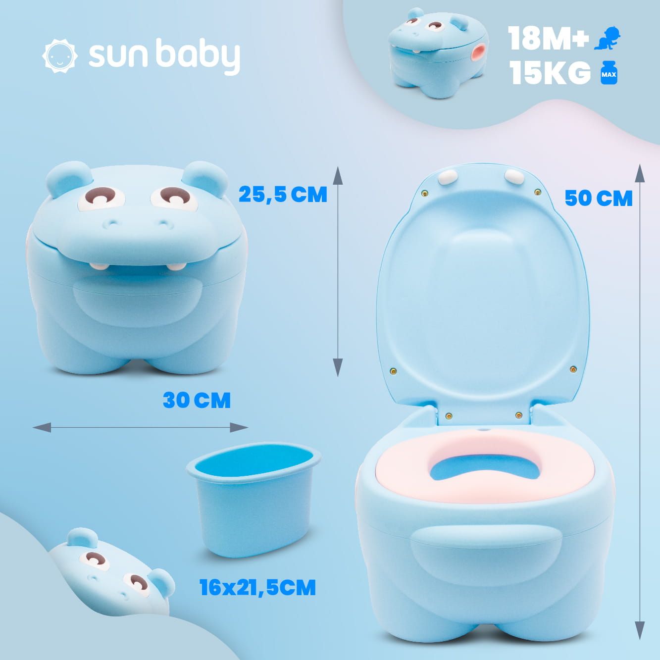 Nocnik dla dzieci antypoślizgowy z oparciem Wyjmowany wkład Stabilny Hipcio niebieski Sun Baby