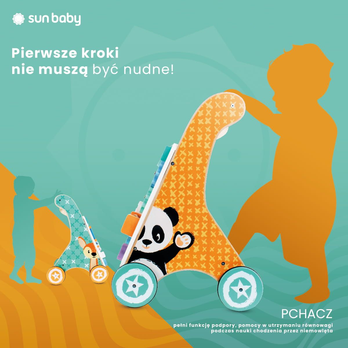 Pchacz dla dziecka 2w1 drewniany chodzik interaktywny, tablica manipulacyjna