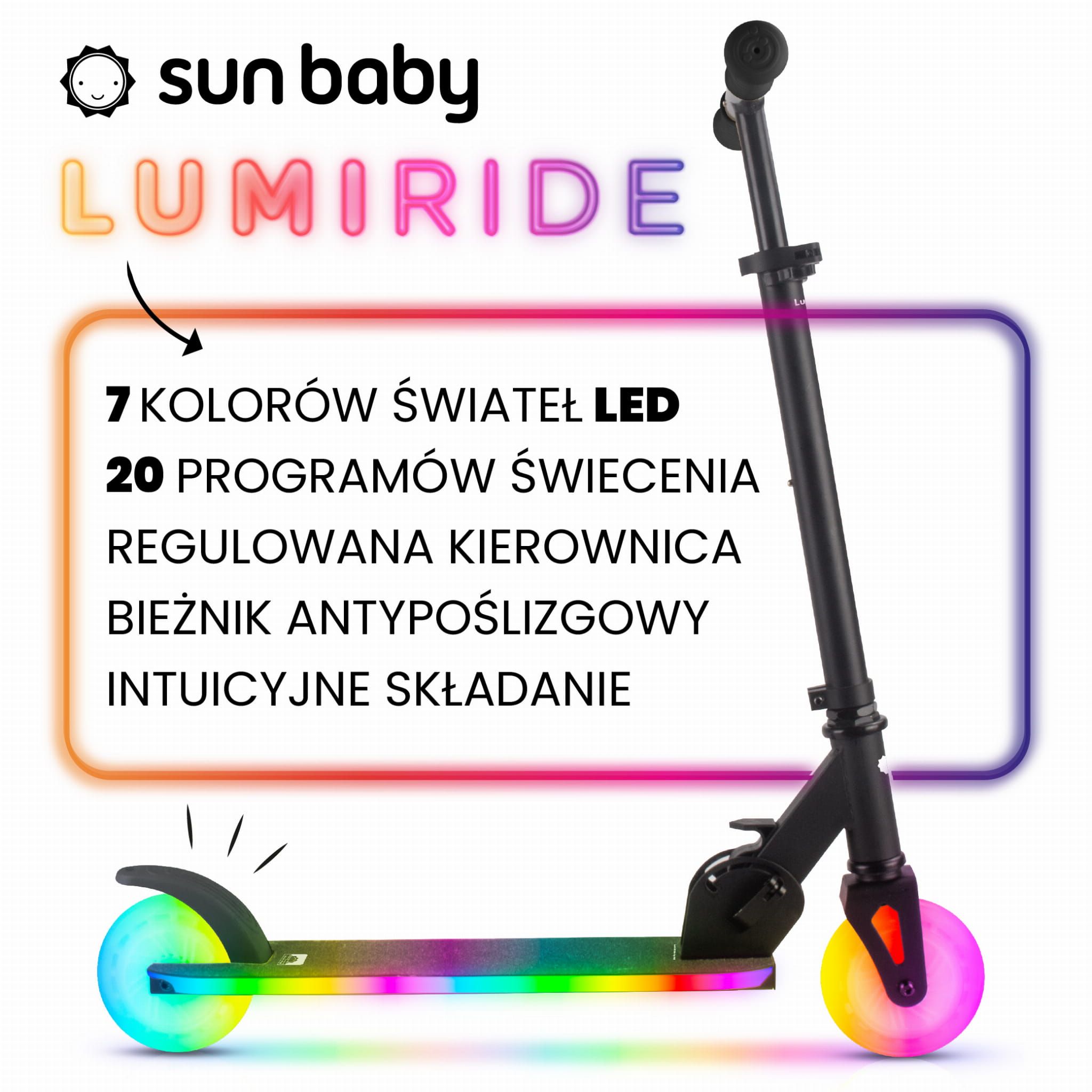LUMI RIDE Hulajnoga dwukołowa dla dzieci składana regulowana LED 7 kolorów 20 programów czarny Sun Baby