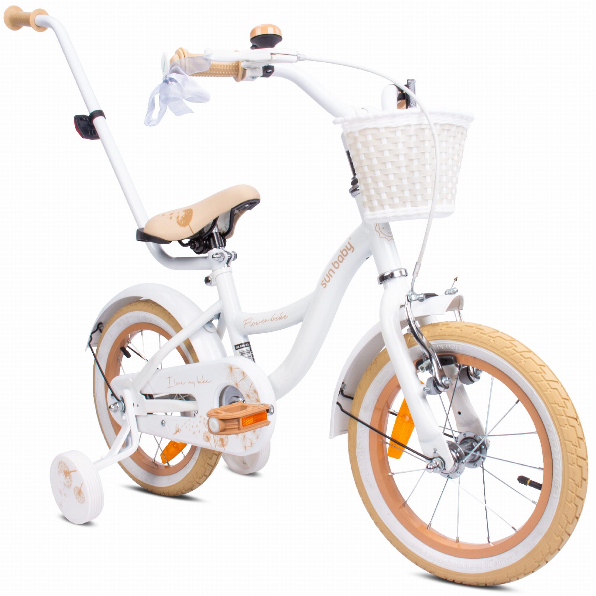 Rower dla dziewczynki 14 cali Pchacz Kółka boczne Koszyk Flower bike Dmuchawiec biało beżowy Sun Baby